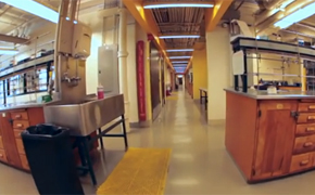 A photograph showing two work benches in an open room adjacent to a long corridor. An eye-wash station is next to the work bench on the left.