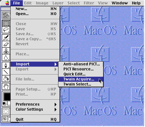 Twain Acquire menu in Photoshop.