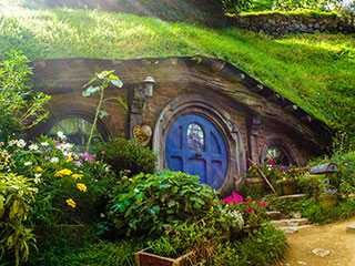 A photograph of a tiny house tucked into the side of a grassy hill surrounded by flowers.