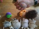 Photo of materials on table, and team member squeezing a toy ball.