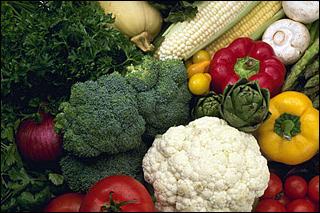 A photograph containing a lot of vegetables, including broccoli, cauliflower, red and yellow peppers, tomatoes, corn, and mushrooms. 