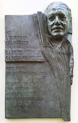 A plaque of the author Gabriel Garcia Marquez on the side of a building in Paris, France.