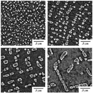 Micrographs show precipitates growing larger and changing shape.