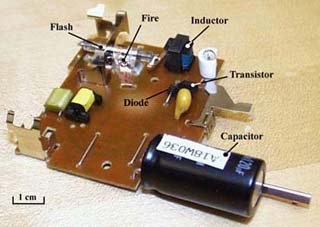 Electric components of flash circuitry in camera.