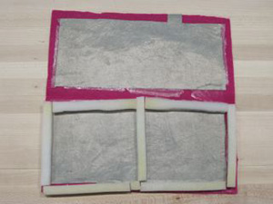 Left photo of two rectangular pieces of fabric with a foam “frame” around the edge; right photo of the fabric pieces put together.