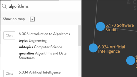 A screenshot of the curriculum map displaying information on courses matching a certain search term.