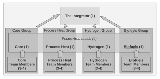 Block diagram of team organization, with four groups, four focus area leads and an integrator role.