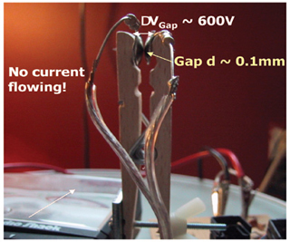 Wires and a clothespin arranged for an experiment.