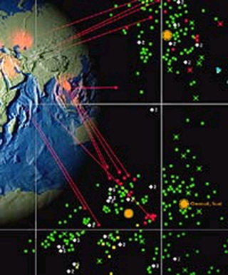 An image of a globe with surrounding stars indicated by colored dots.