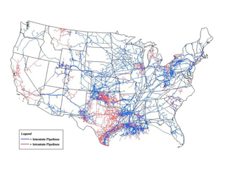 Map of the United States with red and blue lines extending within and across states.