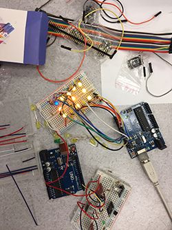 Close up image of Arduino microcontroller electronic prototypes.